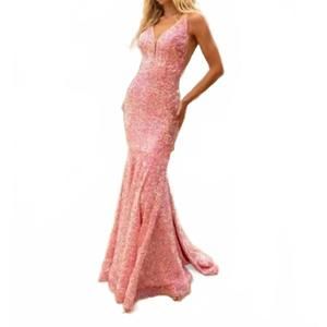 NEW VIENNA PROM velvet prom sequins backless formal mermaid gown in pink